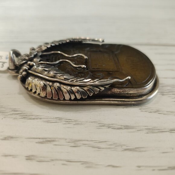 Semi Translucent Asian Carved Jade and Sterling Silver Pendant Charm 66g - Picture 7 of 8